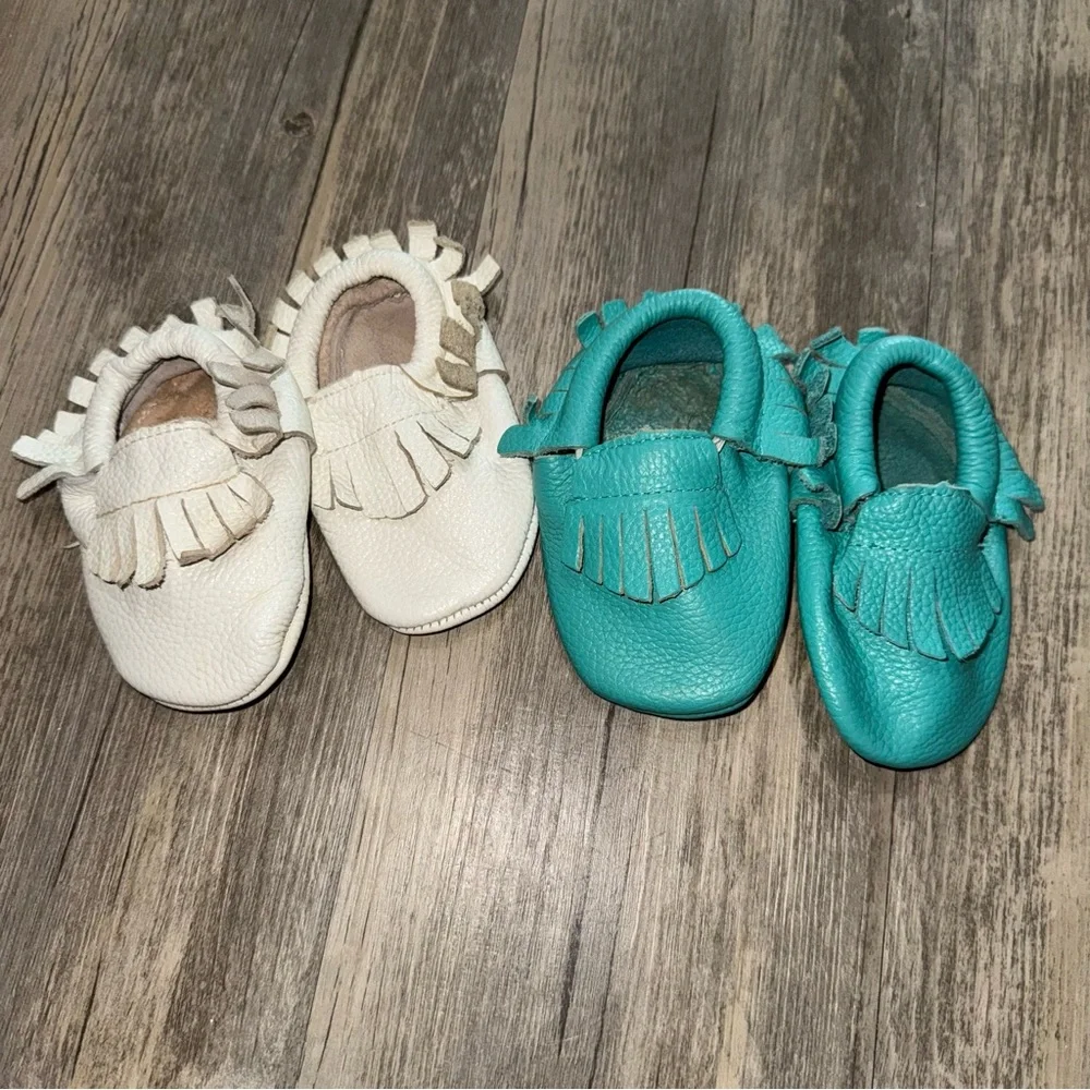 Chic Cream and Teal Kids Moccasins